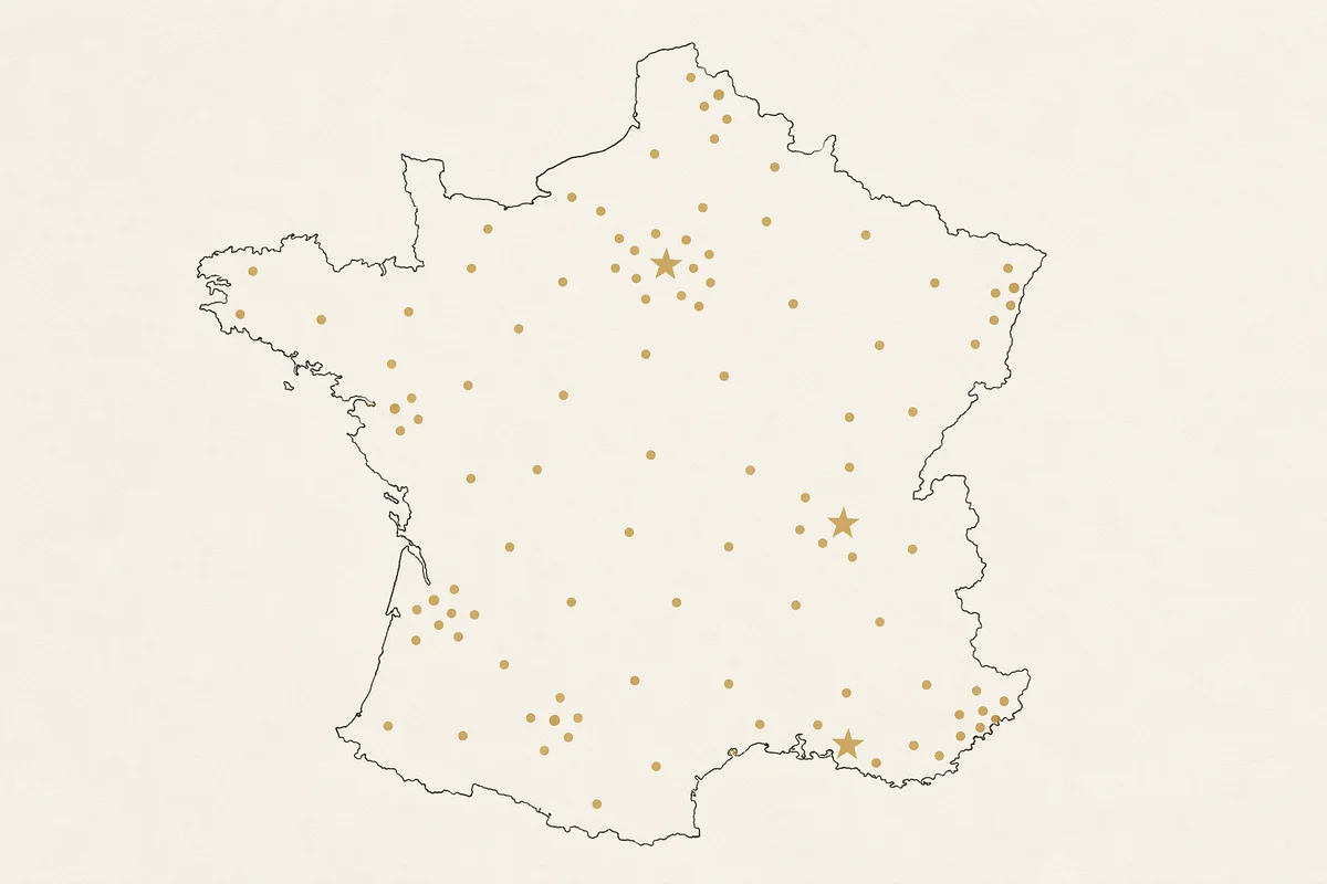Carte de France stylisée avec les villes couvertes par MaQuickPage